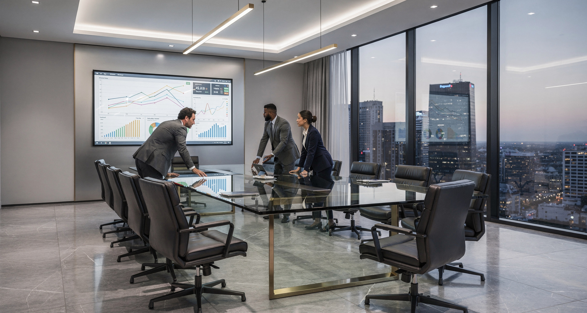Executive team collaborating in a corporate meeting boardroom