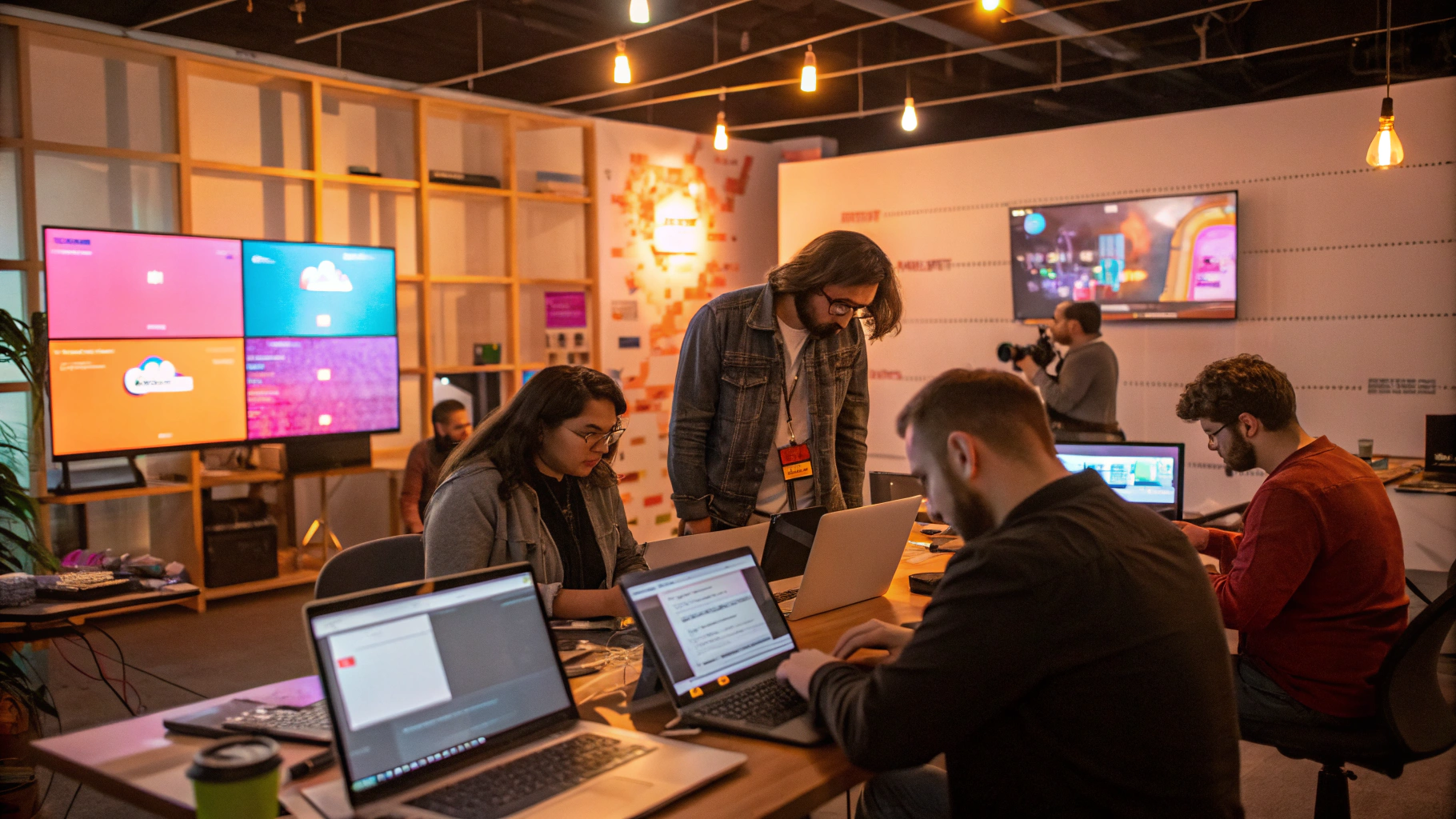 Digital agency workspace with designers building modern web layouts